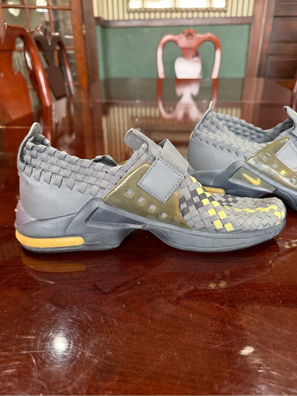 Nike Gray Woven Slip-On Sneakers with Yellow Accents